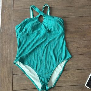 Cupshe Teal Ribbed Women Swim One Piece